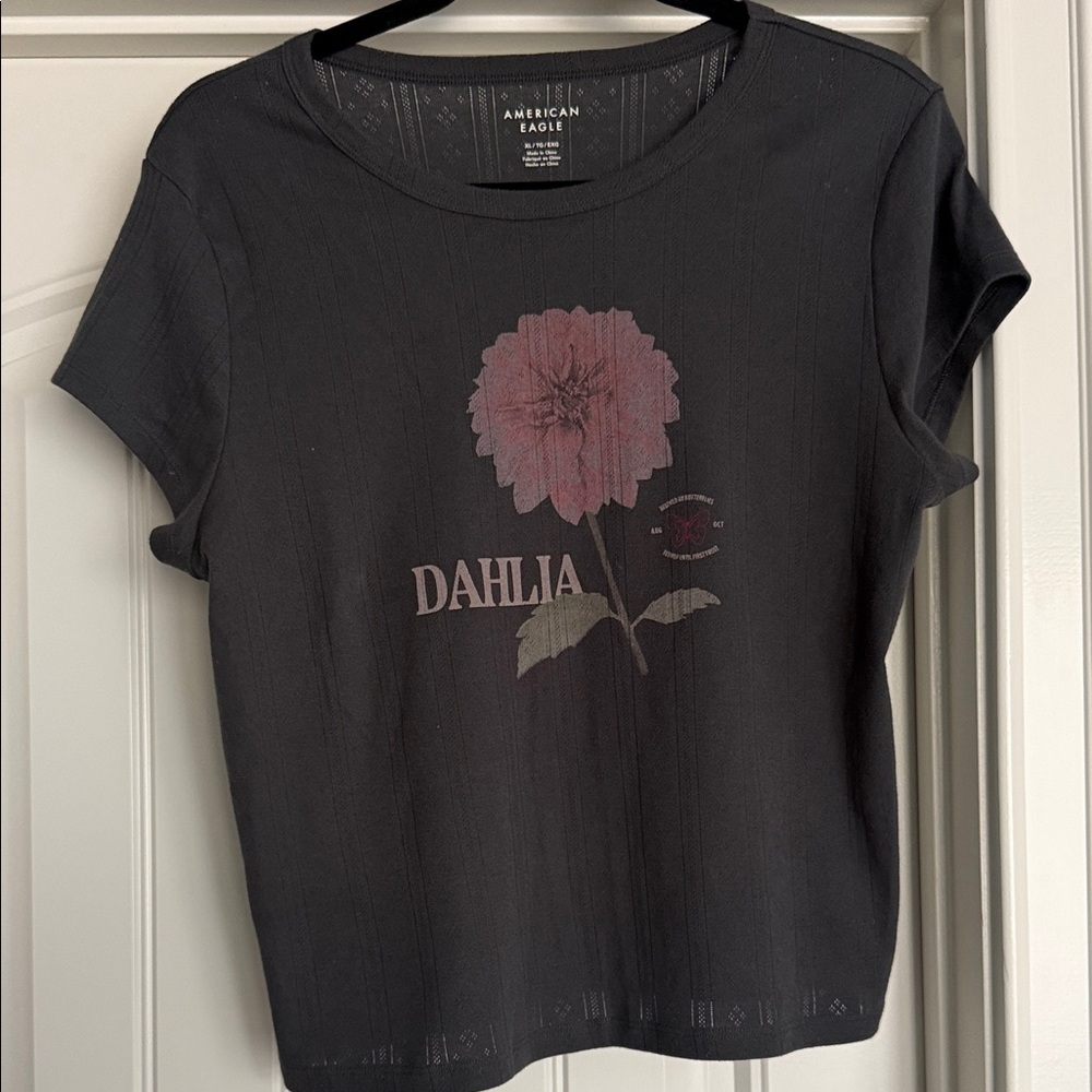 American Eagle Outfitters Black Tee with Pink Dahlia Graphic